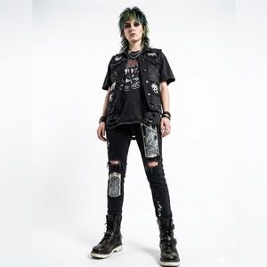 2Y Studios Gothic Graphic Distressed Skinny Jeans Black Grunge Punk Streetwear